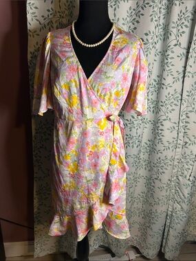 Vero Moda Pink and Yellow Floral Wrap Midi Dress